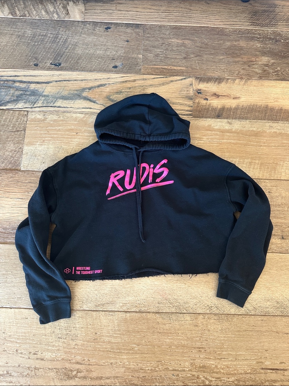 RUDIS wrestling women’s Black cut off Cropped Hoodie with Pink Logo